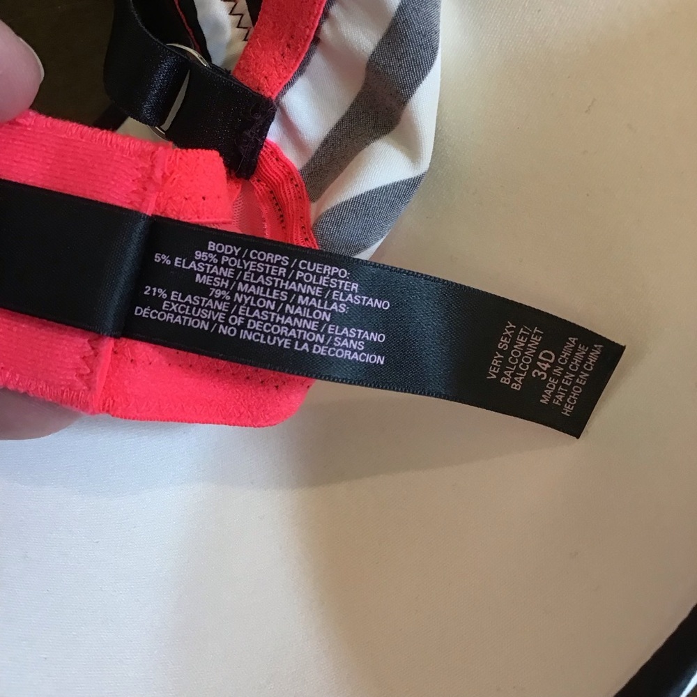Victoria’s Secret 34D Very Sexy Balconet Striped Black and White Bra Hot Pink - Picture 7 of 9